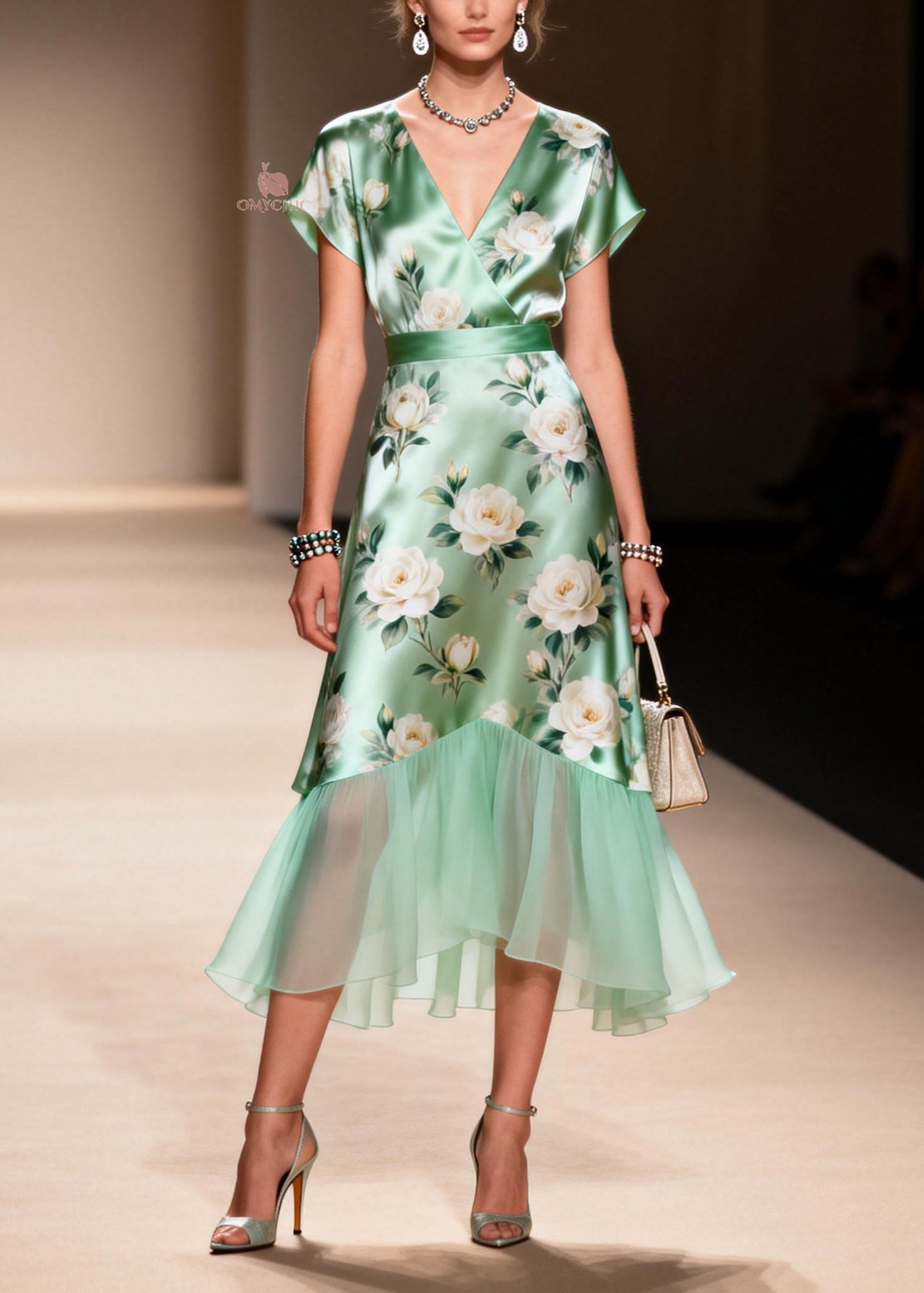 Floral Rose Print Wrap V-Neck Cap Sleeve Sheer Scallop Tier Midi Dress