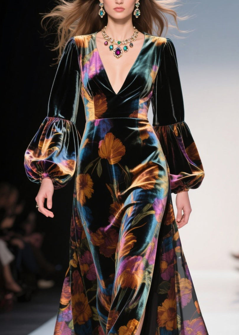 Velvet Floral Bishop Sleeve Deep V-Neck High Split Maxi Gown