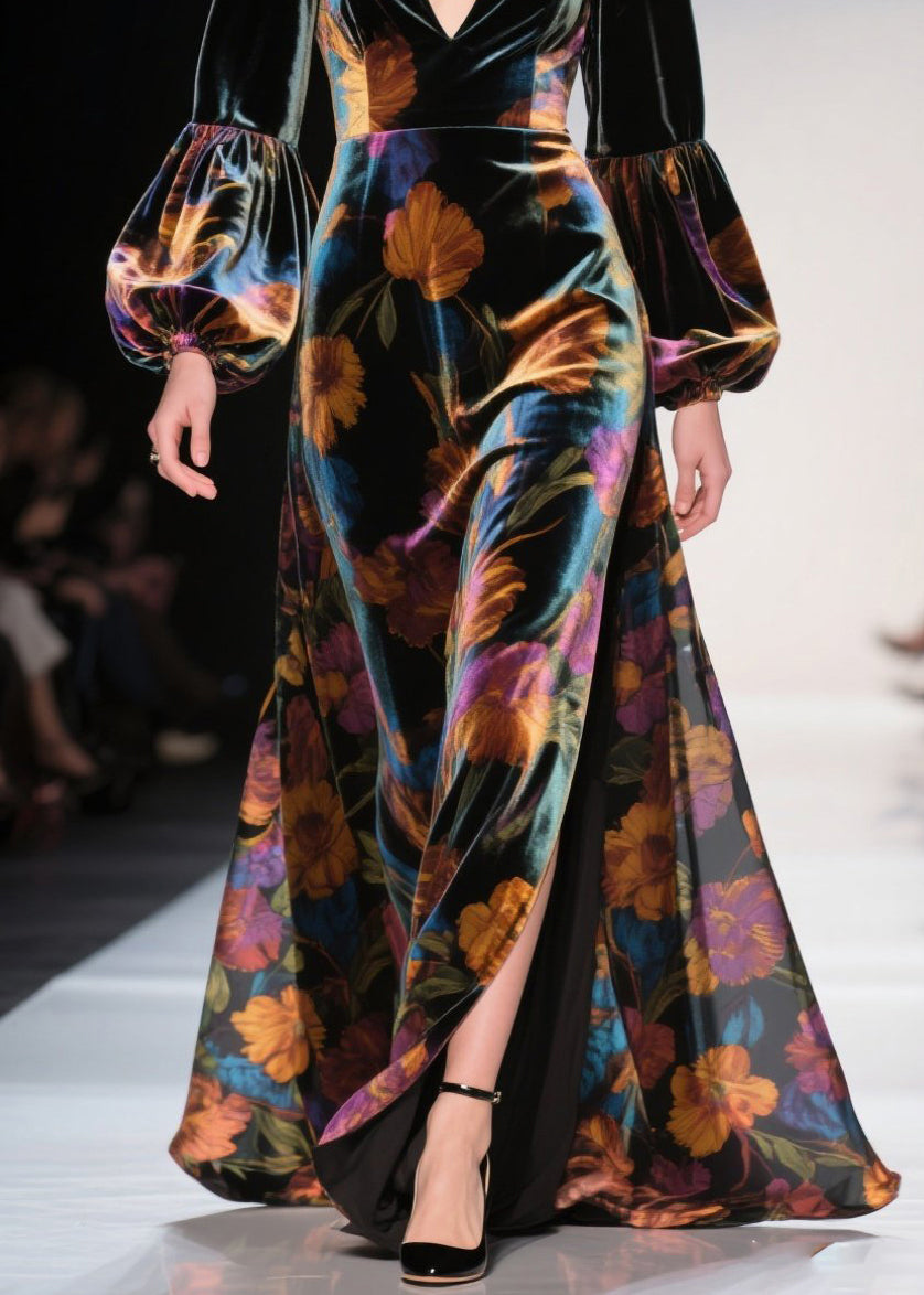 Velvet Floral Bishop Sleeve Deep V-Neck High Split Maxi Gown