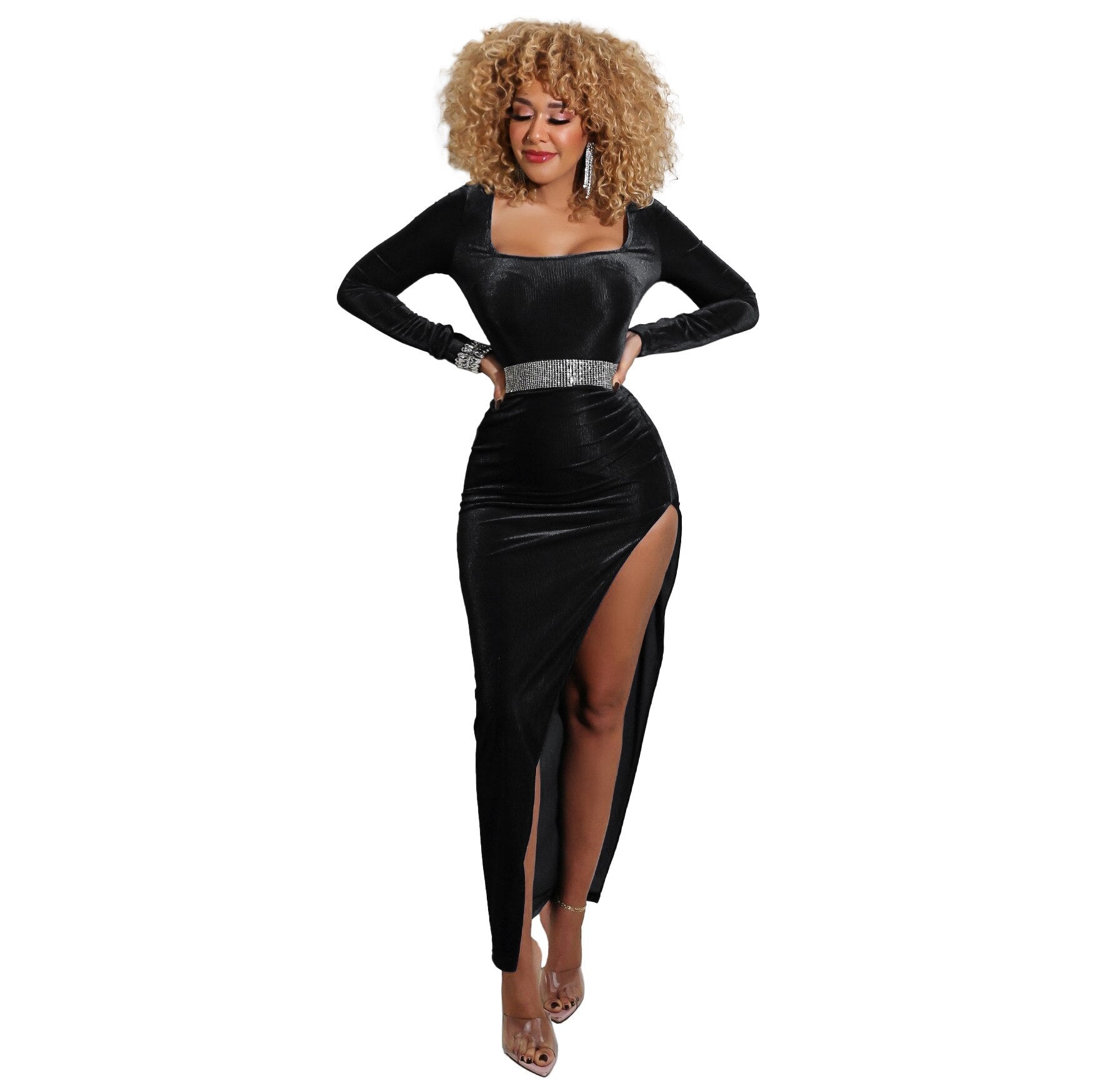 Refined Velvet High Waist Slit Maxi Dress Long Sleeve Evening Party Dress