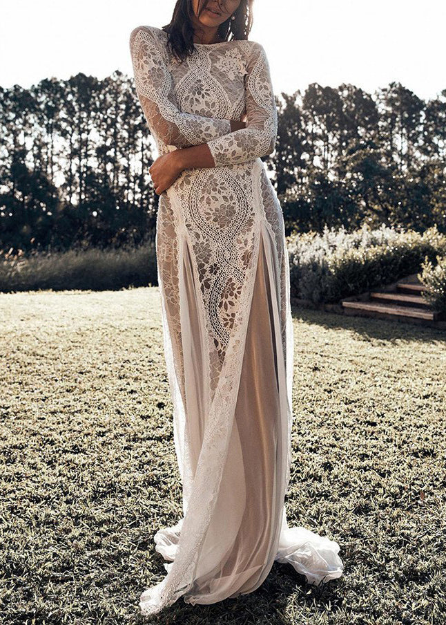 Elegant White Backless Hollow Out Lace Maxi Dresses Spring 2