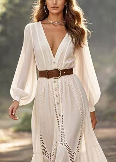 Deep V-Neck Button Down Bishop Sleeve Ladder Lace Trim Maxi Dress
