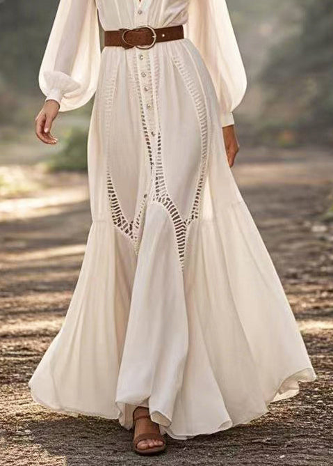 Deep V-Neck Button Down Bishop Sleeve Ladder Lace Trim Maxi Dress