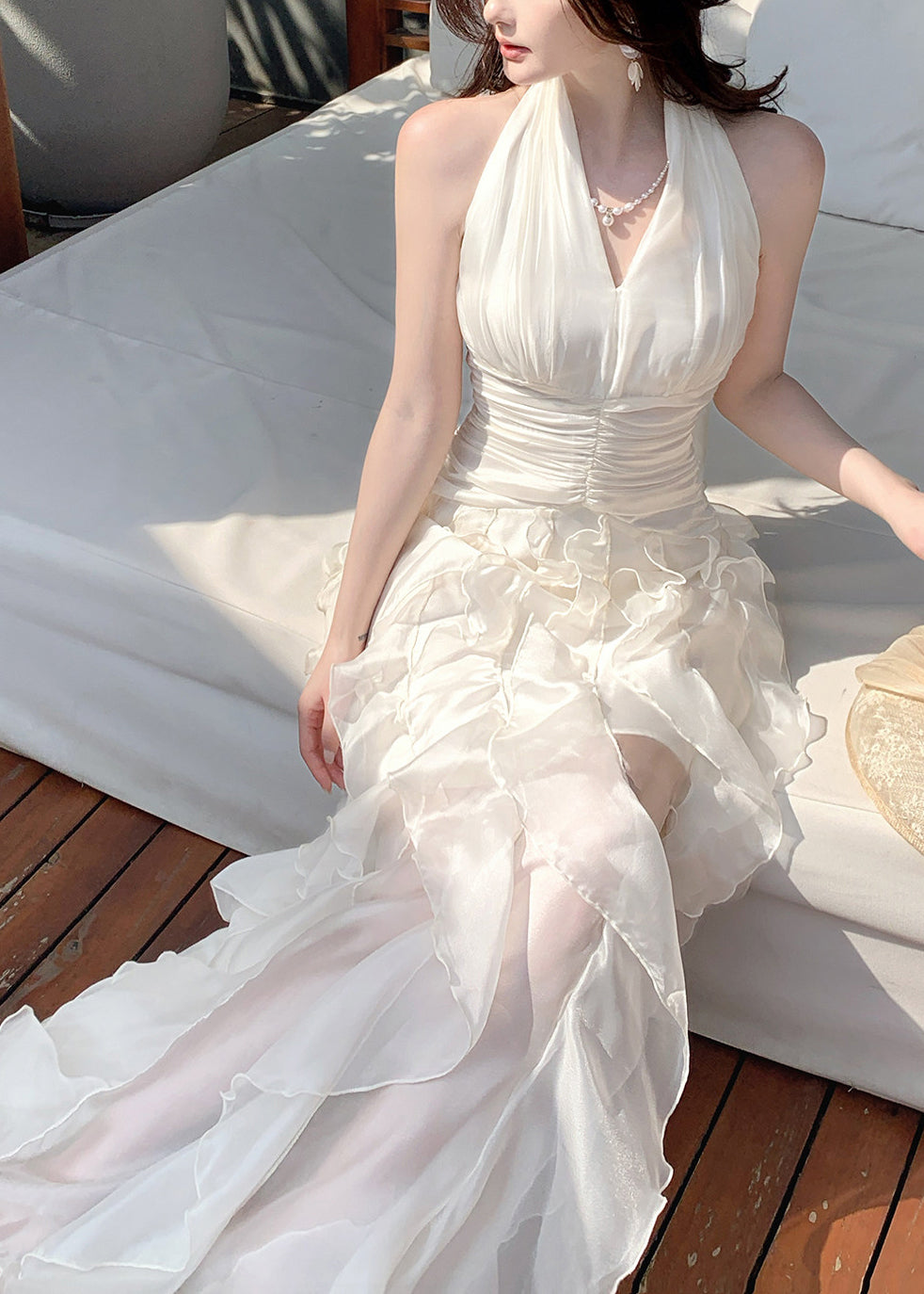 Elegant White Cinched Ruffled Tulle Maxi Dress Summer