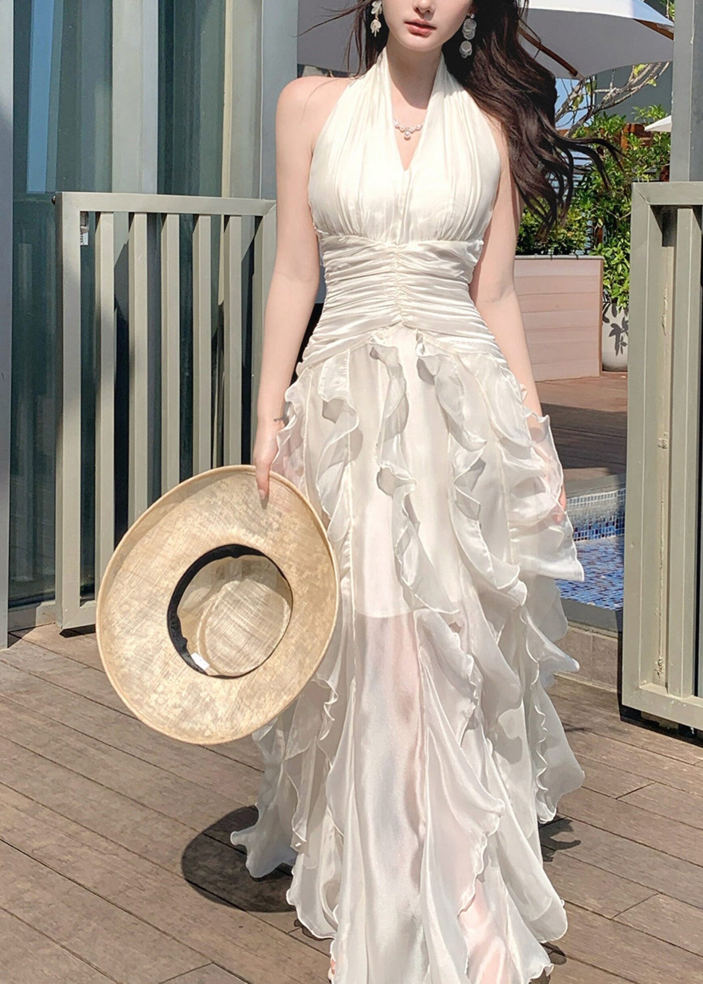 Elegant White Cinched Ruffled Tulle Maxi Dress Summer 2