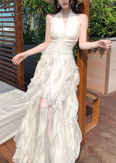 Elegant White Cinched Ruffled Tulle Maxi Dress Summer 3