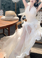 Elegant White Cinched Ruffled Tulle Maxi Dress Summer 4