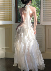 Elegant White Cinched Ruffled Tulle Maxi Dress Summer 5