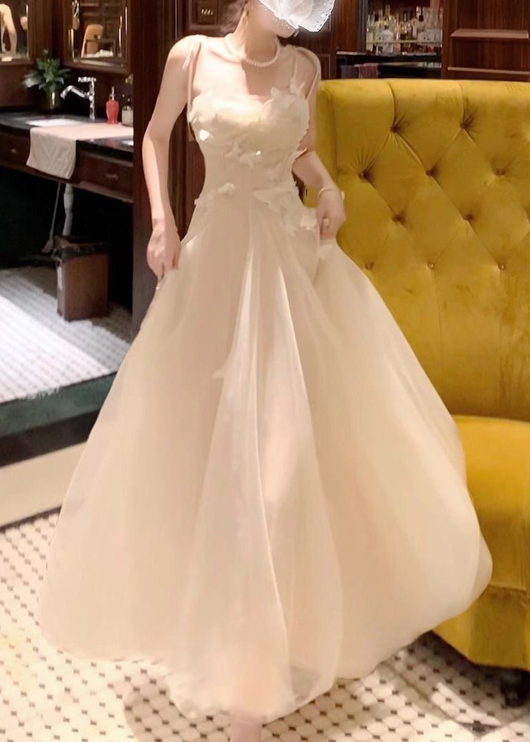 White Cold Shoulder Butterfly Tulle Maxi Spaghetti Strap Dress - View 3
