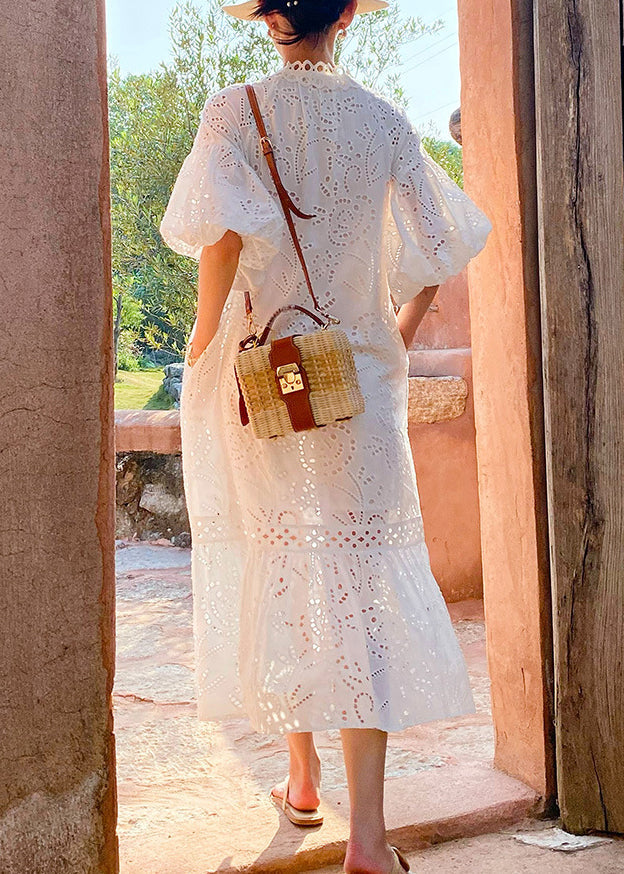 Elegant White Embroidered Hollow Out Pockets Cotton Long Dress Puff Sleeve