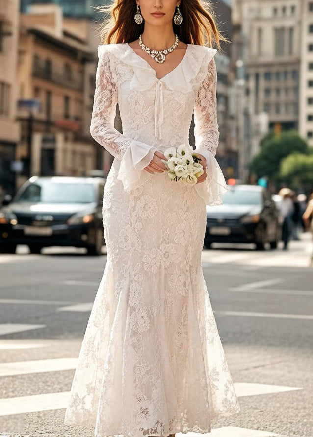 Floral Lace Ruffle Deep V-Neck Tie Front Flared Cuff Long Sleeve Mermaid Gown