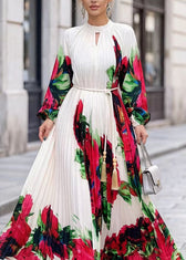 Elegant White O Neck Print Chiffon Maxi Dresses Spring 2