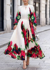 Elegant White O Neck Print Chiffon Maxi Dresses Spring 5