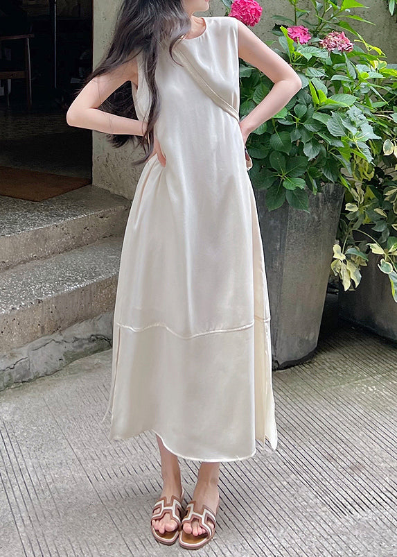 Satin Round Neck Sleeveless Tiered Panel Side Slit Maxi Dress