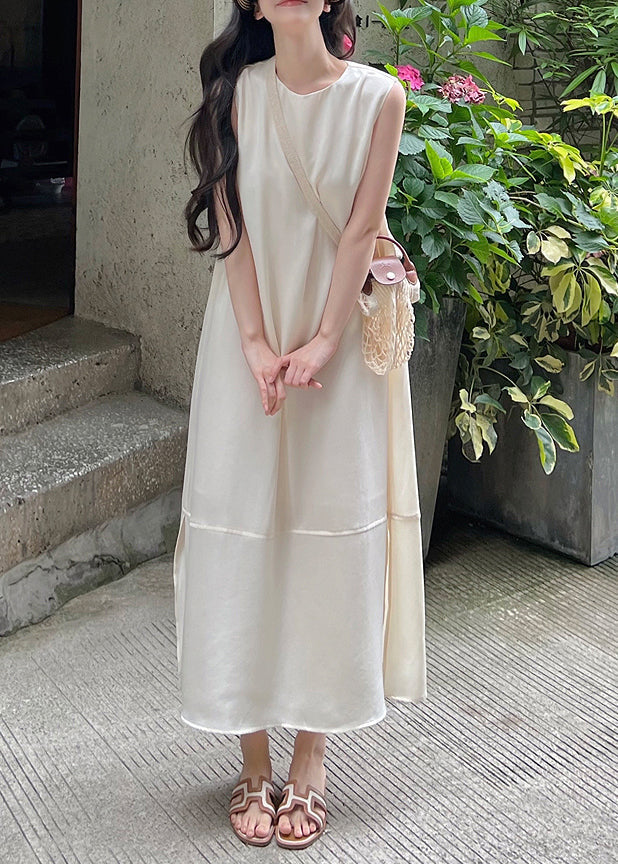 Satin Round Neck Sleeveless Tiered Panel Side Slit Maxi Dress