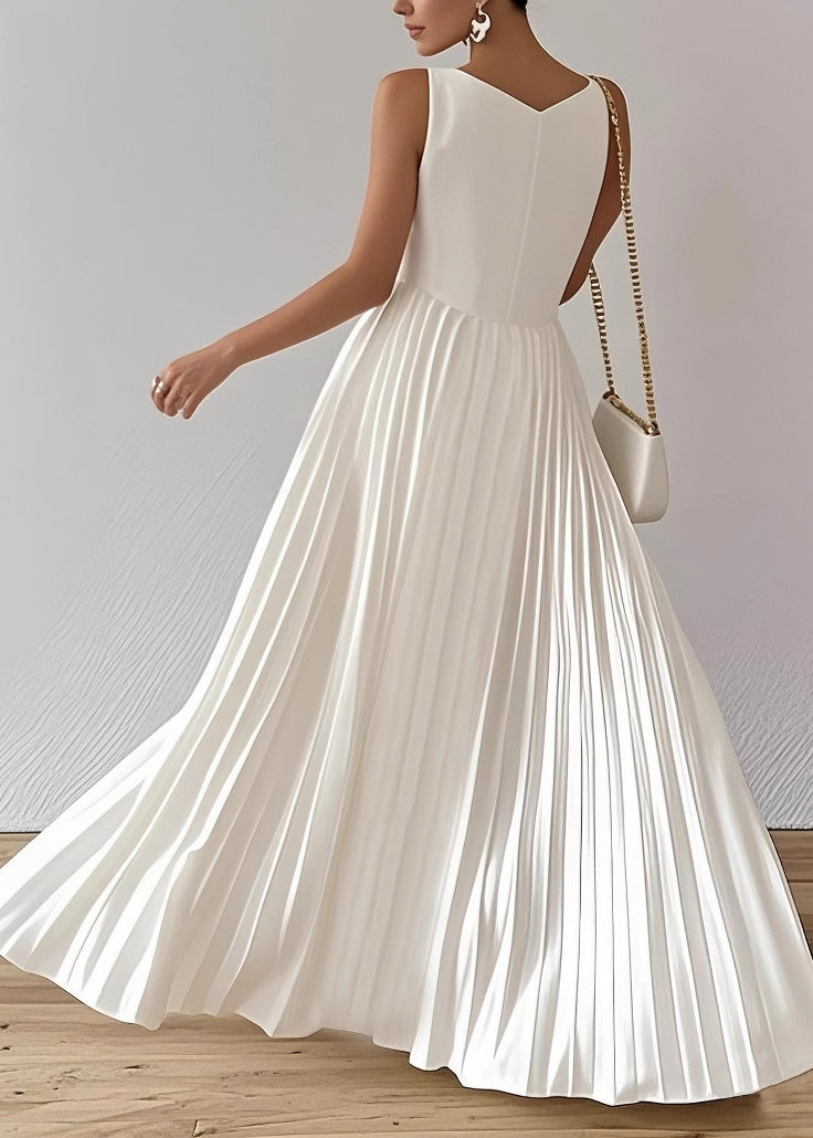 Elegant White O Neck Wrinkled Patchwork Cotton Long Dresses Sleeveless