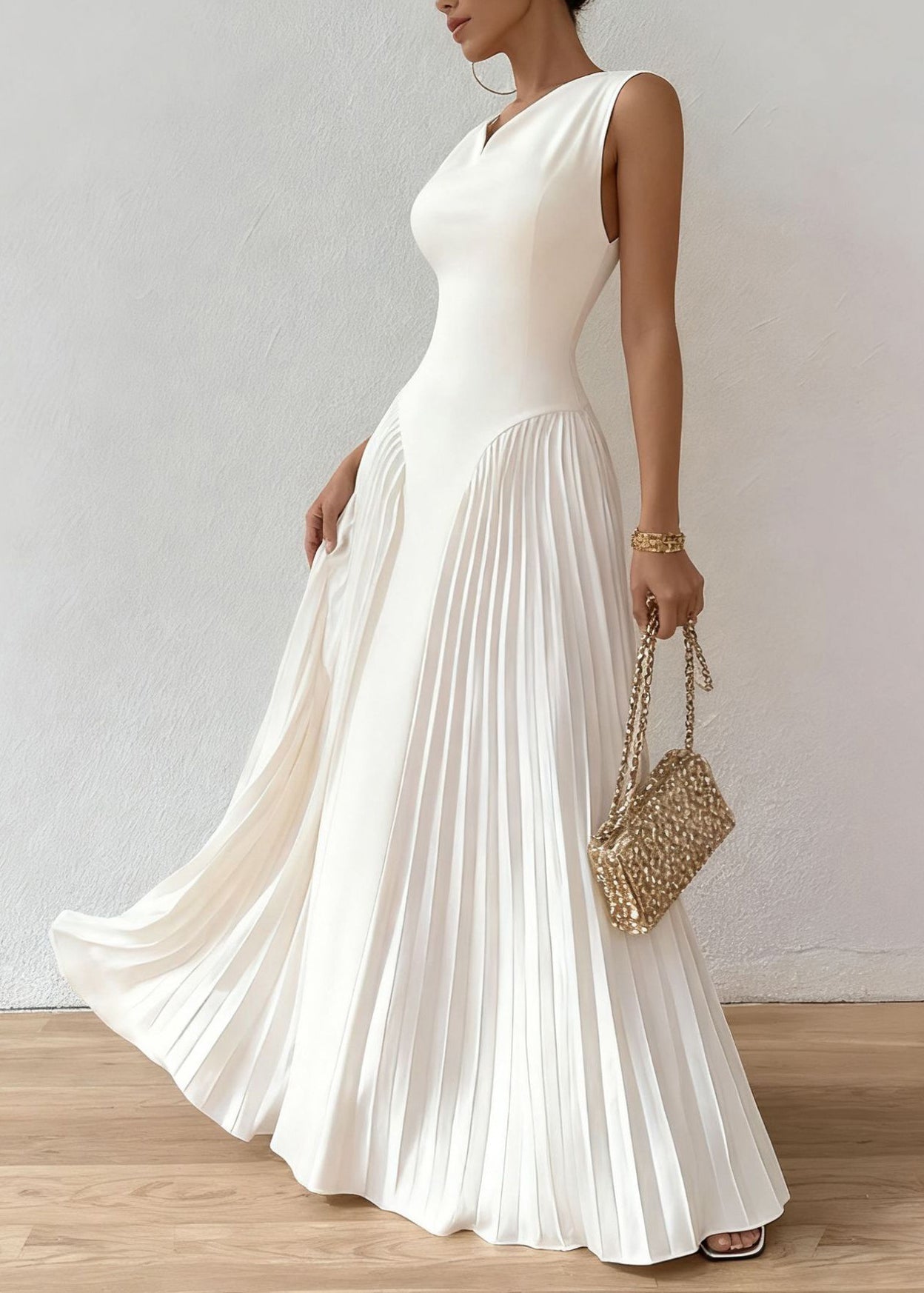 Elegant White O Neck Wrinkled Patchwork Cotton Long Dresses Sleeveless