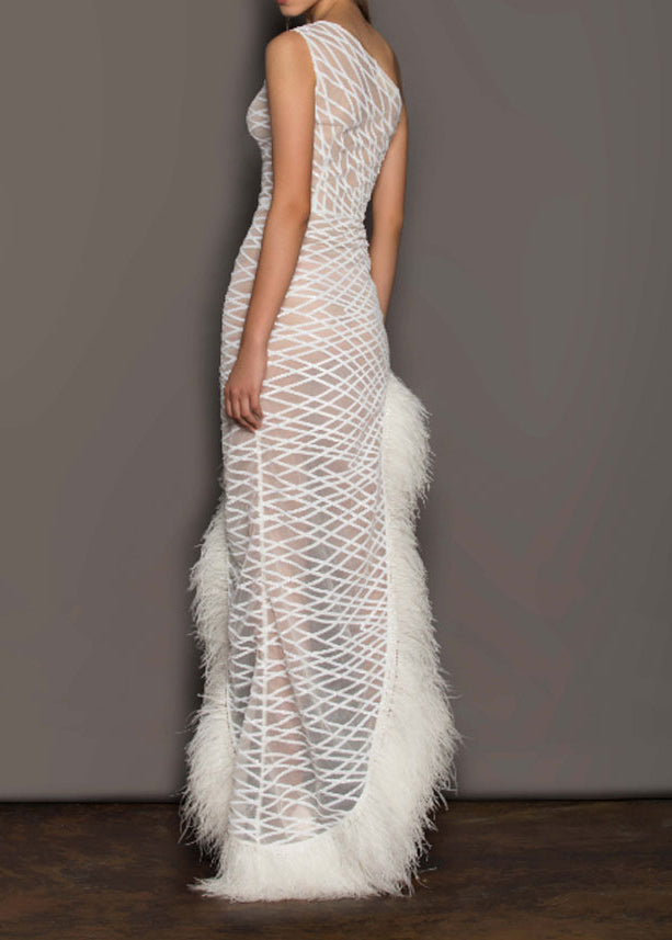 One Shoulder Mesh Lattice Sequin Feather Trim High Split Asymmetrical Gown