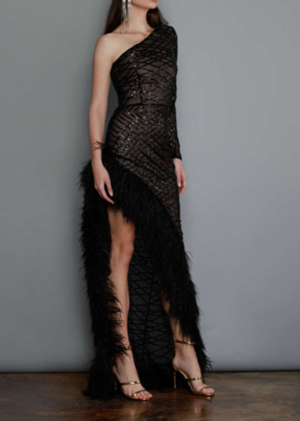 One Shoulder Mesh Lattice Sequin Feather Trim High Split Asymmetrical Gown