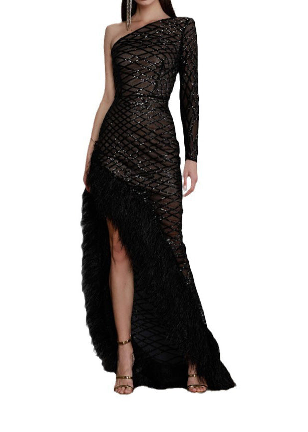 One Shoulder Mesh Lattice Sequin Feather Trim High Split Asymmetrical Gown