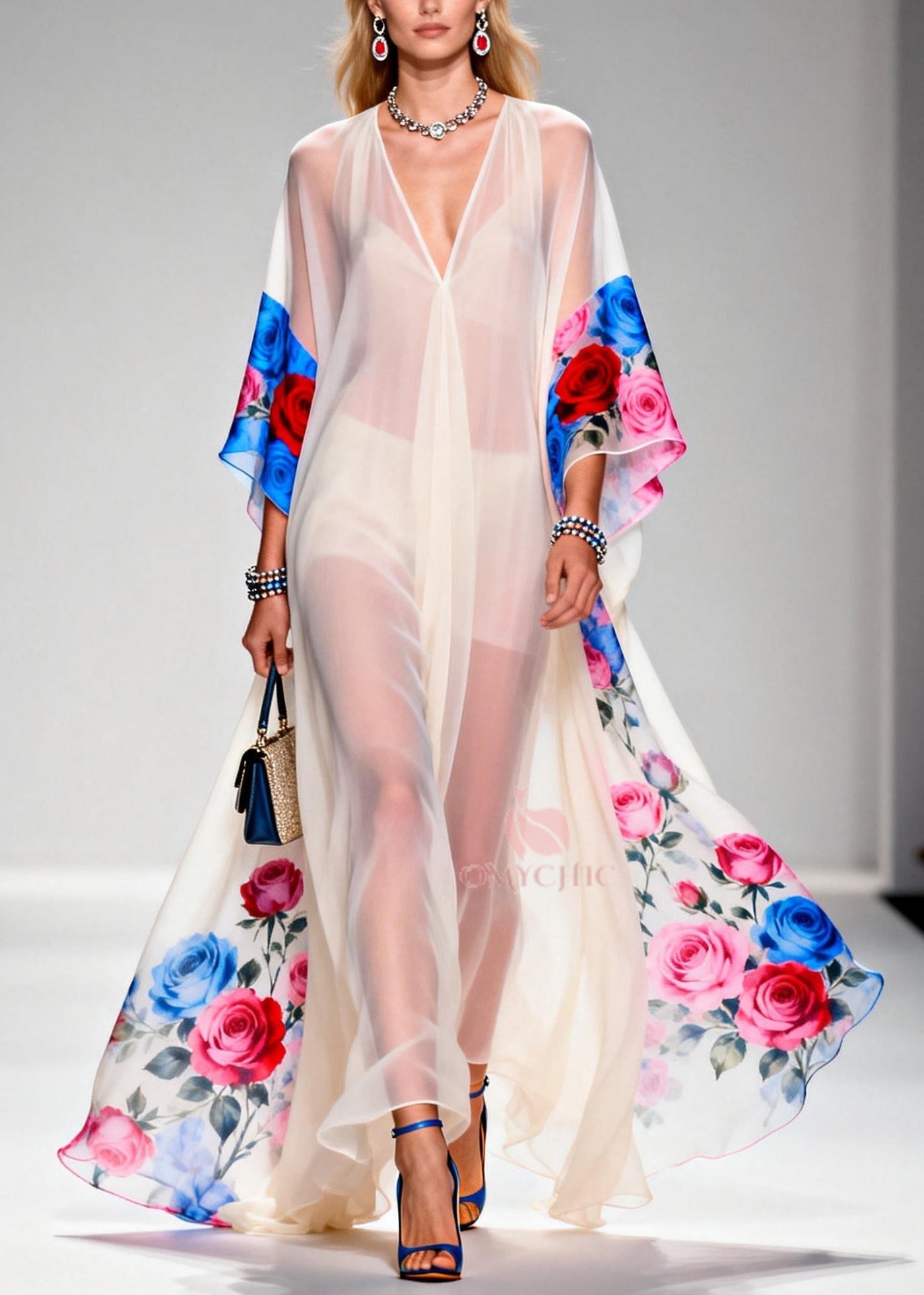 Elegant White Oversized Print Sheer Chiffon Maxi Dresses Summer