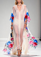 Elegant White Oversized Print Sheer Chiffon Maxi Dresses Summer