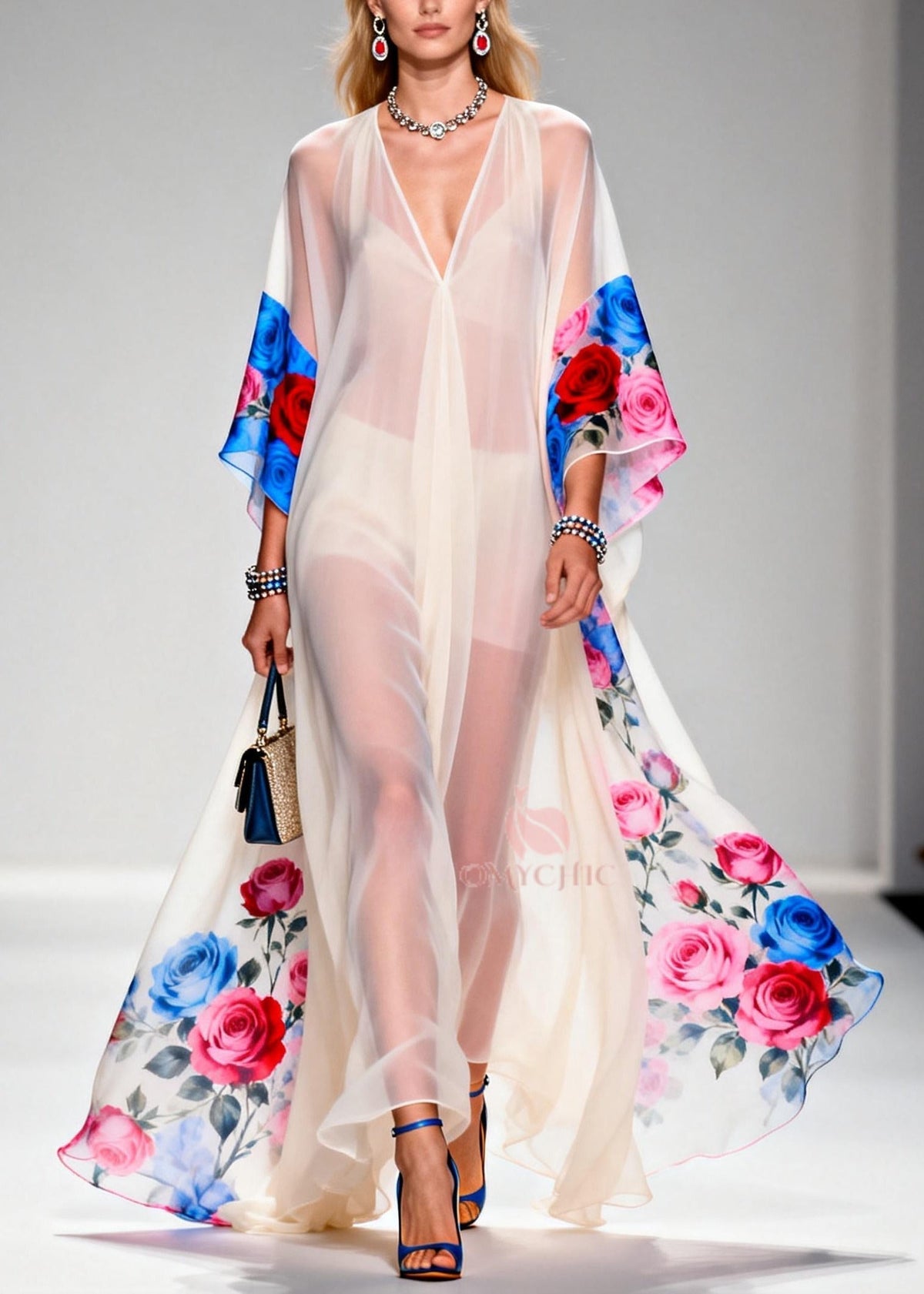 Sheer Chiffon Deep V-Neck Rose Print Border Batwing Sleeve Kaftan Maxi Dress