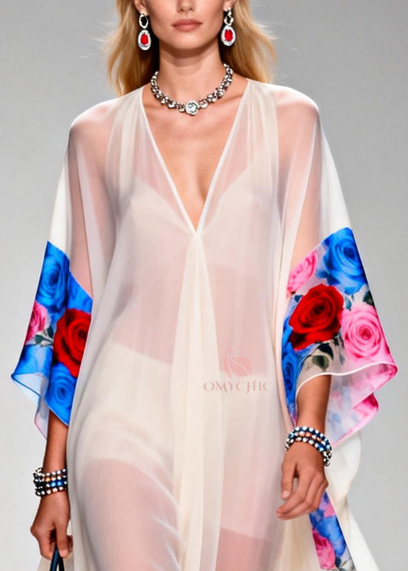 Elegant White Oversized Print Sheer Chiffon Maxi Dresses Summer 2