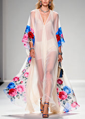 Elegant White Oversized Print Sheer Chiffon Maxi Dresses Summer 3