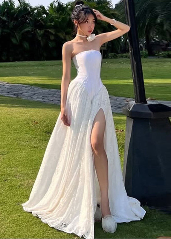 Elegant White Patchwork Side Open Long Dress Cold Shoulder Sleeveless