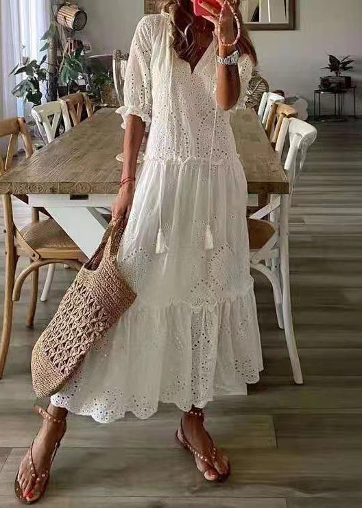 Eyelet Lace V-Neck Tassel Tie Elbow Sleeve Tiered Ruffle Scallop Hem Maxi Dress