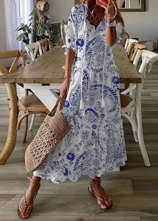 Eyelet Lace V-Neck Tassel Tie Elbow Sleeve Tiered Ruffle Scallop Hem Maxi Dress