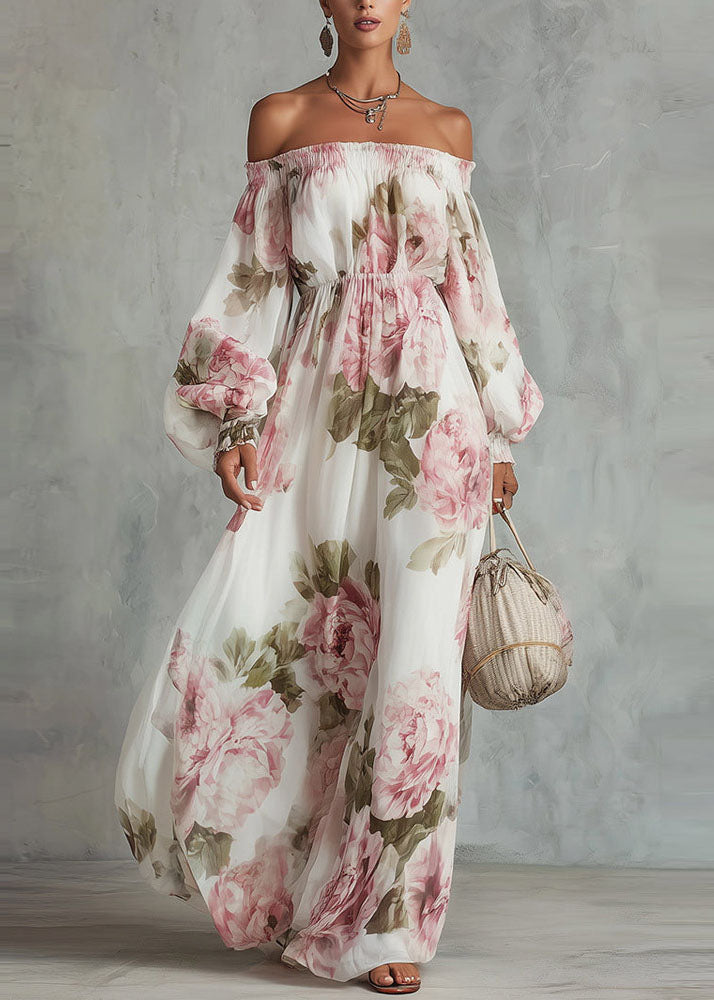 Elegant White Slash Neck Print Chiffon Maxi Dress Lantern Sleeve