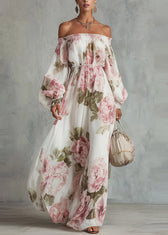 Elegant White Slash Neck Print Chiffon Maxi Dress Lantern Sleeve