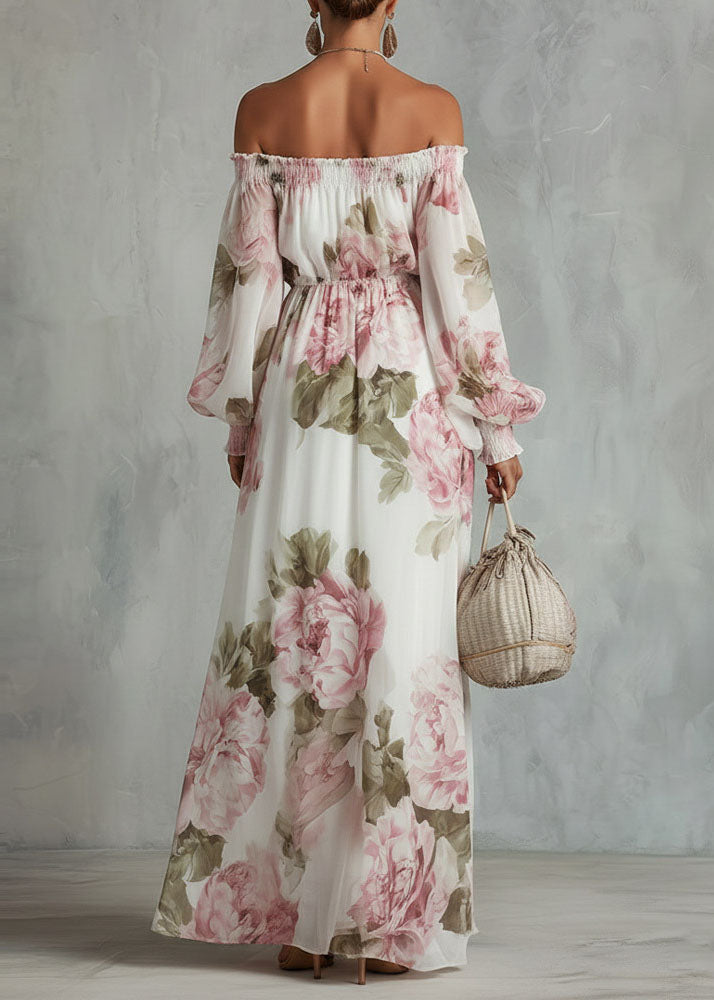 Elegant White Slash Neck Print Chiffon Maxi Dress Lantern Sleeve 2