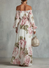 Elegant White Slash Neck Print Chiffon Maxi Dress Lantern Sleeve 2