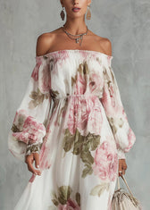 Elegant White Slash Neck Print Chiffon Maxi Dress Lantern Sleeve 3