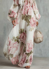 Elegant White Slash Neck Print Chiffon Maxi Dress Lantern Sleeve 4