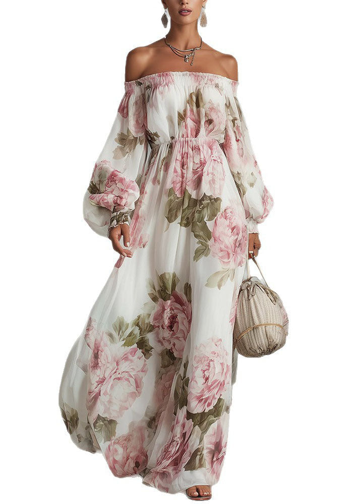Elegant White Slash Neck Print Chiffon Maxi Dress Lantern Sleeve 5