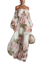Elegant White Slash Neck Print Chiffon Maxi Dress Lantern Sleeve 5