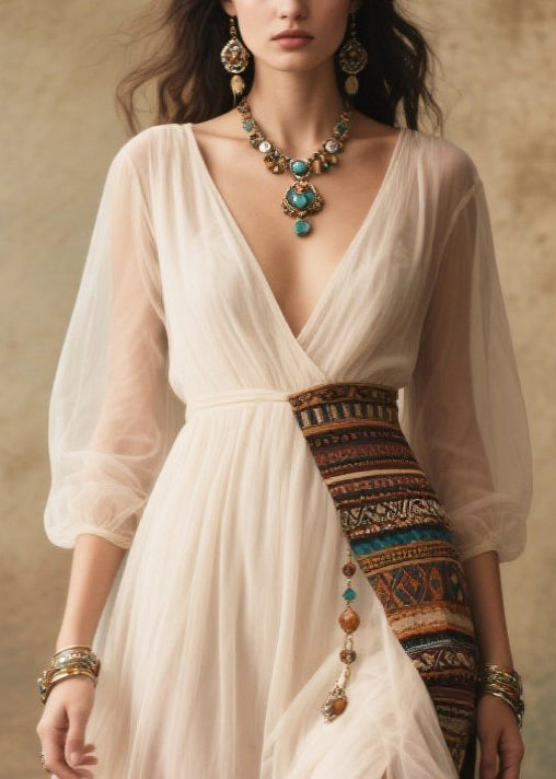 Tulle Deep V-Neck Wrap Bishop Sleeve Embroidered Sash Tassel High Split Layered Maxi Dress
