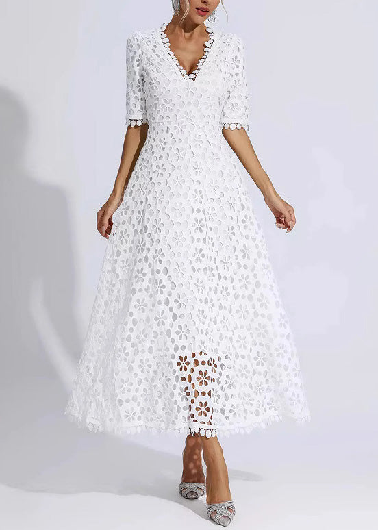 Lace Deep V-Neck Short Sleeve Scalloped Hem A-Line Maxi Dress