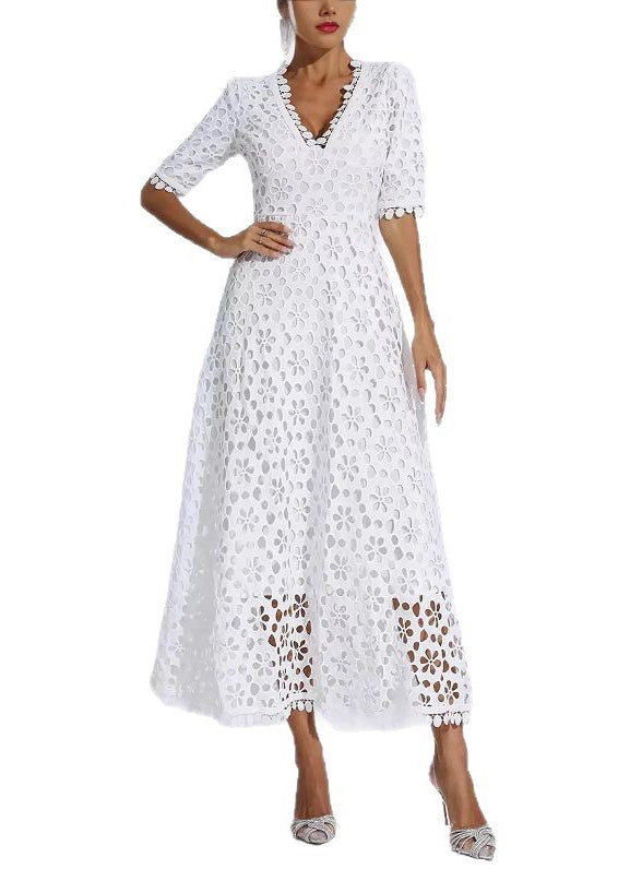 Lace Deep V-Neck Short Sleeve Scalloped Hem A-Line Maxi Dress