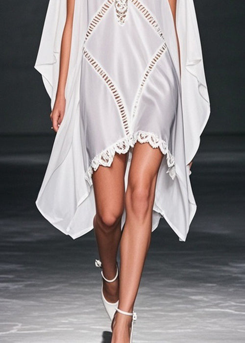 Deep V-Neck Chiffon Cut Out Diamond Cape Overlay Scalloped Lace Mini Dress