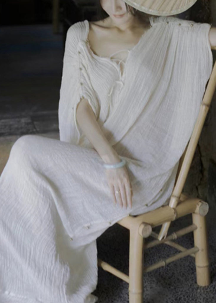 Elegant White V Neck Lace Up Cotton Maxi Dresses Summer - View 2