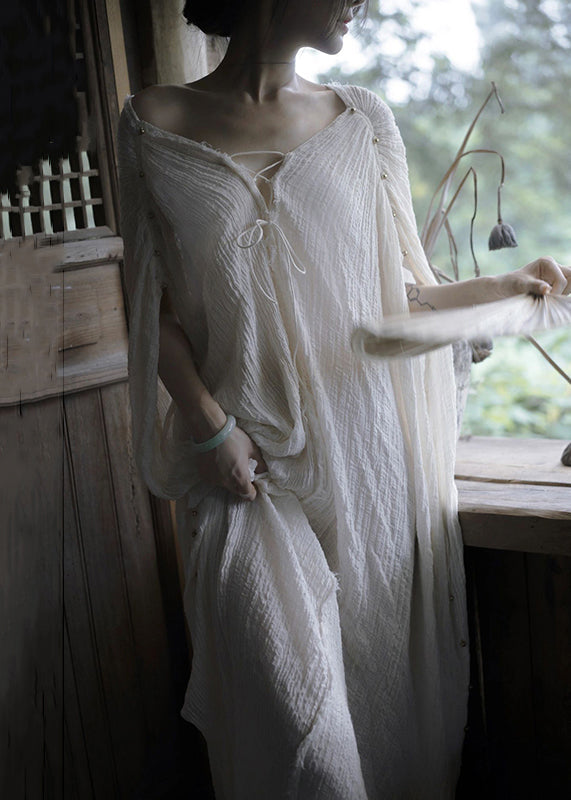 Elegant White V Neck Lace Up Cotton Maxi Dresses Summer - View 4