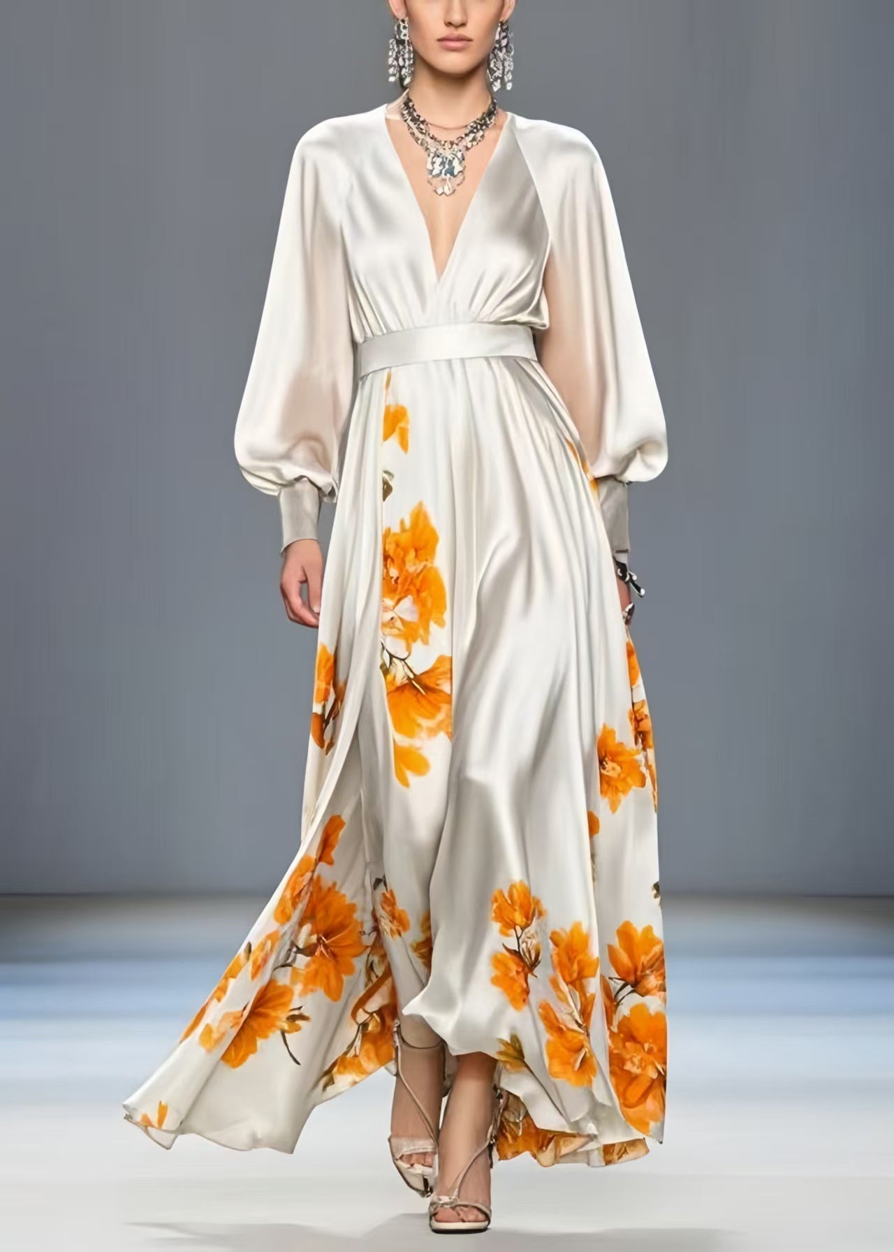 Floral Print Deep V-Neck Balloon Sleeve Cinched Waist High Split Maxi Gown