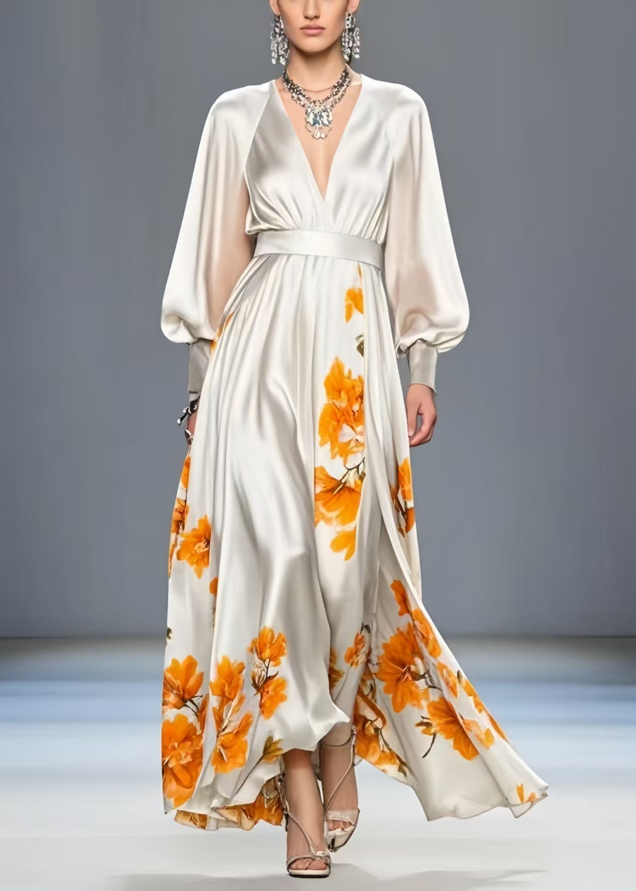 Floral Print Deep V-Neck Balloon Sleeve Cinched Waist High Split Maxi Gown