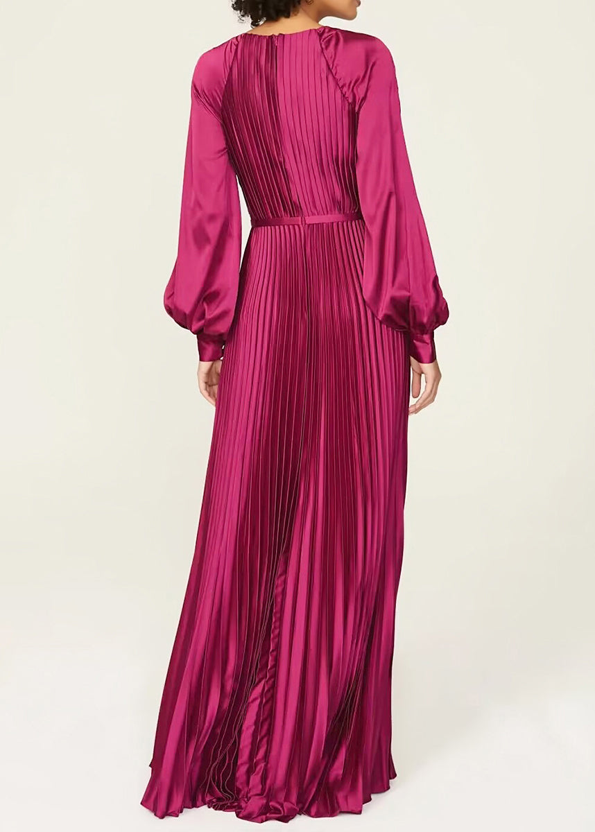 Satin Accordion Pleat Round Neck Bishop Sleeve Button Cuff Floor Length Gown