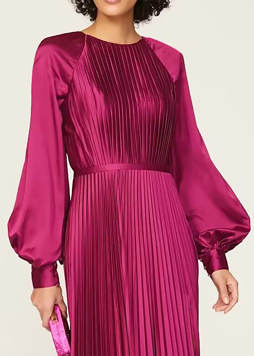 Satin Accordion Pleat Round Neck Bishop Sleeve Button Cuff Floor Length Gown